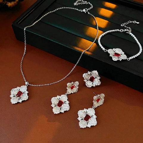 Flower Jewelry Set Necklace Bracelet Ring Earrings Copper Zircon Silver Earring Post Luxury Elegant Style