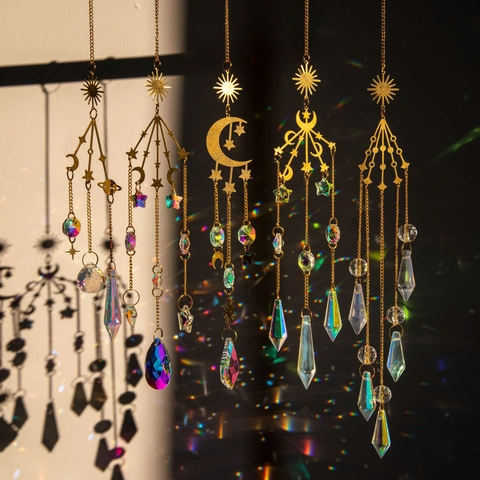 Crystal Suncatcher Wind Chime Hanging Decoration Golden Metal Celestial Sun Moon Star Rainbow Maker For Window Home Garden