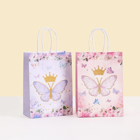 Butterfly Crown Paper Gift Bags Floral Print Handheld Bags For Party Candy Wedding Favors Shopping Macaron Color