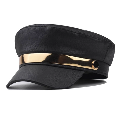 Cappello Da Marinaio In Pelle PU Da Donna Berretto Baker Boy Vintage Stile Britannico Con Fascia In Metallo E Decorazione Lettere