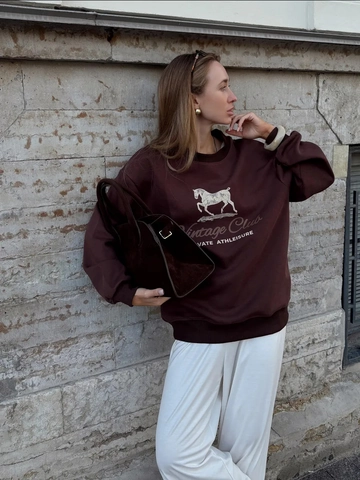 Damen Sweatshirt Vintage Pferdegrafik Druck Rundhals Locker Drop Shoulder Baumwollmischung Fleece Retro Streetwear Casual
