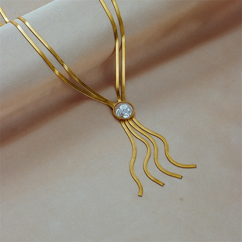 Elegant Stainless Steel Necklace With Round Shell Pendant And Snake Bone Chain Tassel 18K Gold Plated Jewelry For Women