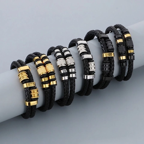 Men Vintage Punk Multilayer Braided Leather Bracelet With Titanium Steel Magnetic Buckle Fashion Trend Bangle Jewelry