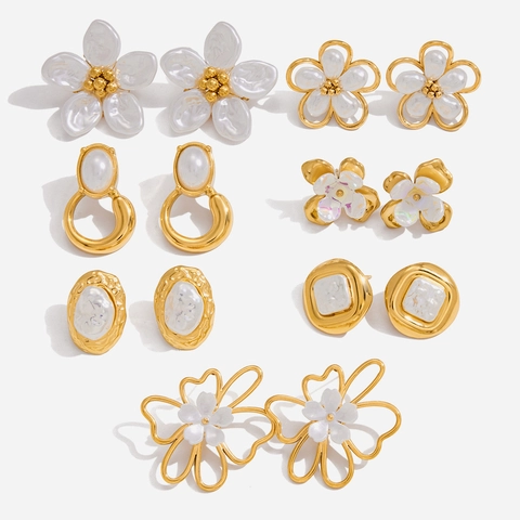 Boucles D'oreilles Fleur Plqué Or 18K Acier Inoxydable Künstliche Perle Nacre Imperméable Hypoallergénique Bijoux Femmes Romantique Élégant