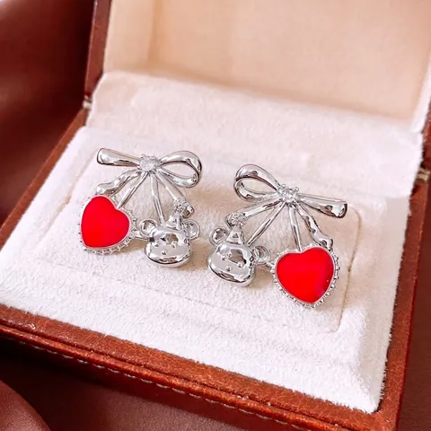 Asymmetrische Schleife Rote Herz Bär Hängeohrringe Mit 925 Silber Ohrstecker Kupfer Strass Schmuck Für Damen