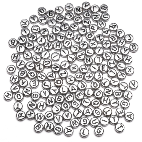 Acryl Alphabet Buchstaben Perlen Silberfarben Flach Rund Für DIY Armband Halskette Schmuckherstellung