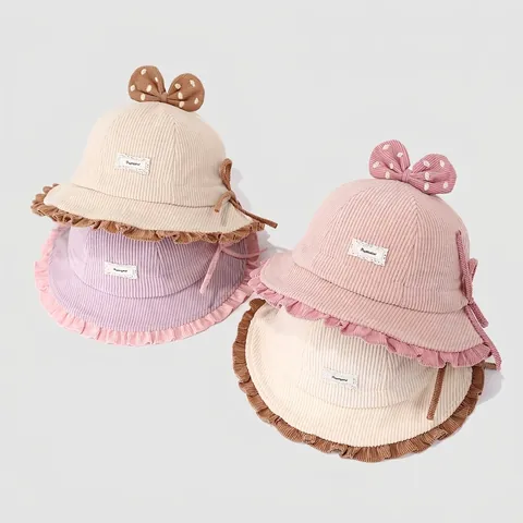 Baby Mädchen Fischerhut Cord Schleife Rüschenrand Winddicht Warm Herbst Winter Süßer Prinzessinnenstil Säuglingsmütze