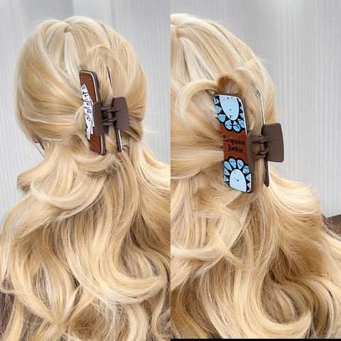 Western Vintage Printed Hair Claw Clips Rectangular Plastic Retro Poker Card Cow Print Floral Hair Accessories For Women