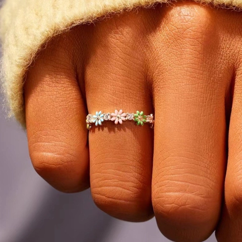Colorful Enamel Flower Ring Copper Inlaid With Zircon Fresh Sweet Dainty Floral Finger Jewelry For Women