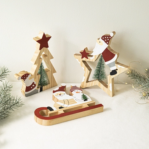 Christmas Wooden Desktop Ornaments Santa Claus Reindeer Star Tree Sleigh Painted Wood Table Decorations Xmas Gift