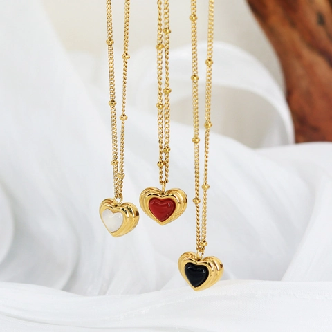 Collana Pendente Cuore Acciaio Titanio Pietra Agata Naturale Forma Cuore Dimensionale Catena Satellite Gioielli Vintage Donna