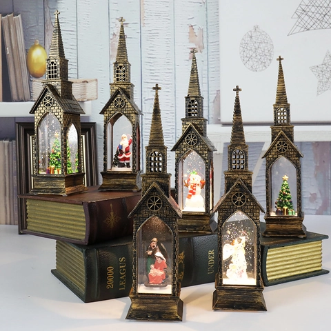 Vintage Church Christmas Lantern LED Night Light Retro Bronze Plastic Snow Globe Glitter Santa Snowman Tabletop Decor