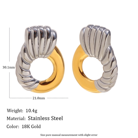Orecchini A Cerchio Bicolore Con Texture Acciaio Inossidabile Placcato Oro 18K Geometrico Retro Elegante Gioielli Donna