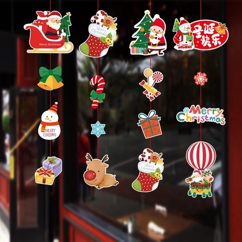 Christmas Hanging Decoration Strips Paper Cartoon Santa Claus Snowman Reindeer Patterns Holiday Party Window Door Decor