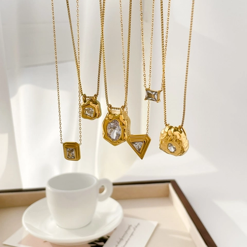 Geometric Pendant Necklace Gold Plated Titanium Steel Clear Zircon Square Triangle Shape Fashion Jewelry For Women