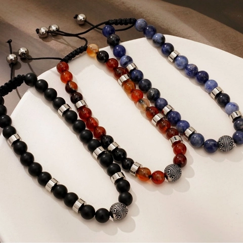 Natural Stone Beaded Bracelet Agate Blue Vein Stone Stainless Steel Adjustable Woven Rope Vintage Style For Men Unisex