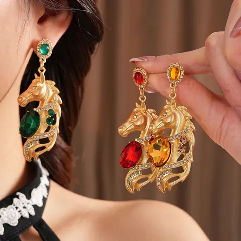 Pferdekopf Ohrhänger Vintage Barock Legierung Mit Großen Edelsteinen Strasssteinen Und Silbernen Ohrsteckern Schmuck