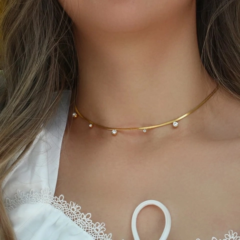 Minimalistische Slangenketting Ketting 18K Verguld Titanium Staal Met Ronde Zirkonia Bedeltjes Elegante Sieraden Dames