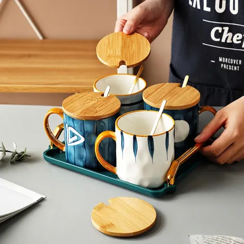 Japanese Style Ceramic Mug With Wood Lid Stainless Steel Spoon Tray Hand Painted Large Capacity For Coffee Tea Milk