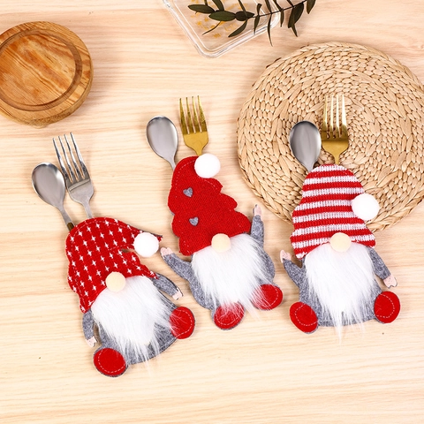 Christmas Gnome Cutlery Holder Non-woven Felt Tableware Pocket Faceless Elf For Festive Home Dining Party Decoration