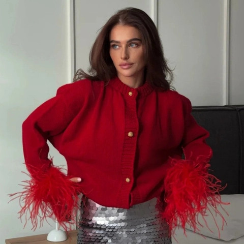 Dames Gebreid Vest Met Veren Manchetten Gouden Knopen Lange Mouwen Elegante Knitwear