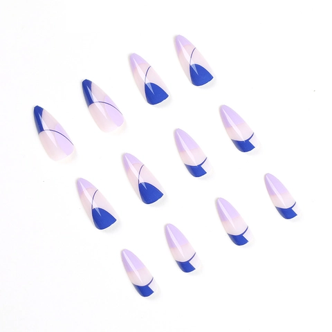 Unghie Finte Press On Forma Mandorla Lunga Geometrica Astratta Blocco Di Colore Viola Blu Plastica Per Donne