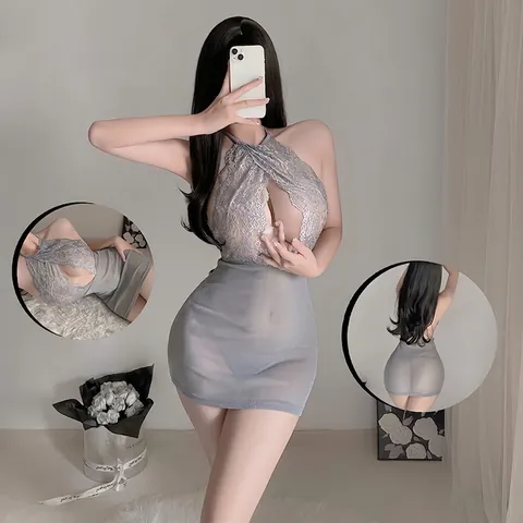 Lingerie Sexy Da Donna Abito Halter E T-Pants Pizzo Mesh Splicing Incavo Glitter Bodycon Mini Indumenti Da Notte