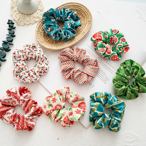 Christmas Hair Scrunchies Fabric Velvet Elastic Snowflake Elk Snowman Printed Holiday Party Hair Ties Accessories