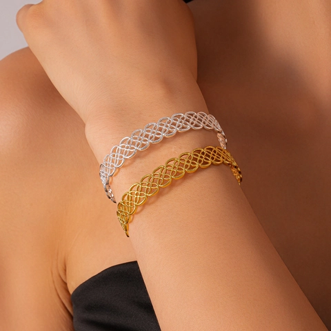Brazalete Abierto Flor Geométrica Hueca Cobre Textura Trenzada Joyería Retro Bohemia Minimalista