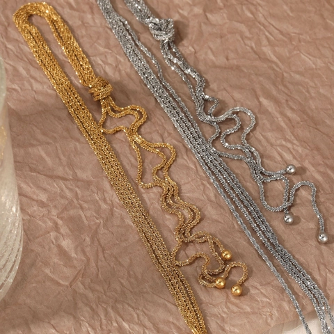 Collier Lariat Acier Inoxydable 304 Multicouche Forme Y Nœud Gland Pendentif Boule Style Old Money Étanche Pour Femmes