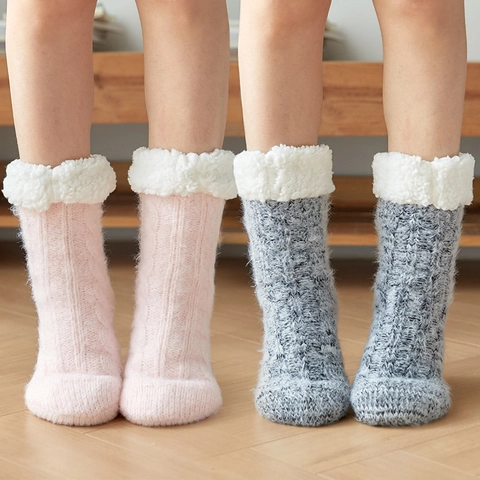 Chaussettes De Sol En Tricot Épais Doublure Sherpa Antidérapantes Thermiques Intérieur Douces Moelleuses