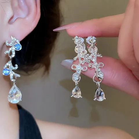 Set Collana E Orecchini Fiore Strass Con Perno In Argento Sterling 925 Pendente Goccia Acqua Blu Bianco