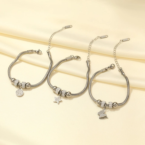 Stainless Steel Snake Bone Chain Bracelet With Zircon Butterfly Star Round Charm 18K Gold Plated Fashion Jewelry For Women