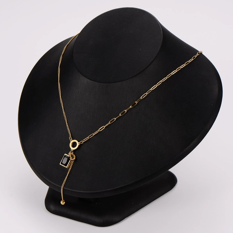 Collar De Clavícula De Acero Inoxidable 304 Con Piedra Acrílica Rectangular Negra Y Borla Joyería De Moda Elegante
