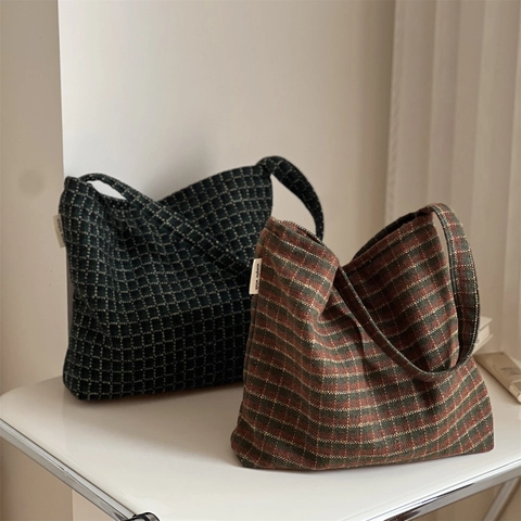 Sac Sous Le Bras En Laine À Carreaux Style Tweed Vintage Sac Hobo Épaule Pour Femmes Esthétique Littéraire Doublure En Toile