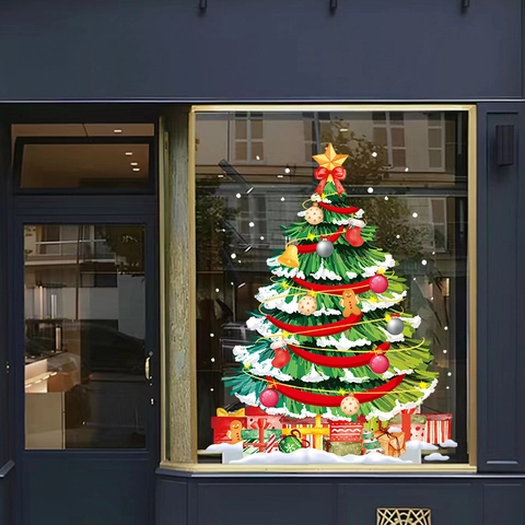 Christmas Tree Window Stickers Static Cling PVC Double Sided Color Glass Door Decals Holiday Party Shop Decor Cartoon Green