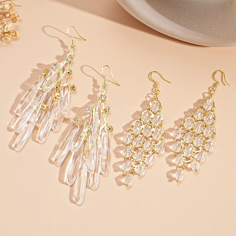 Pendientes Colgantes De Borla Con Gota De Agua Para Mujer Joyas De Aleación Geométrica De Cristal Elegantes Con Poste De Acero