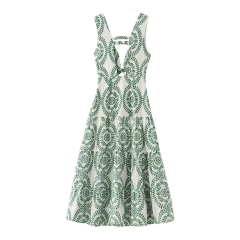 Vestito Maxi Donna Cotone Ricamo Verde Scollo A V Senza Maniche Cut-Out Fiocco Orlo A Balze Elegante Vacanze