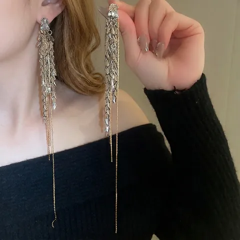 Long Tassel Dangle Earrings With 925 Sterling Silver Earring Post Wheat Ear Metal Two Tone Fashion Jewelry For Women