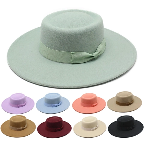 Elegant Boater Hat Wool Felt Flat Top Wide Brim With Ribbon Bow Vintage British Style Accessories For Women Men