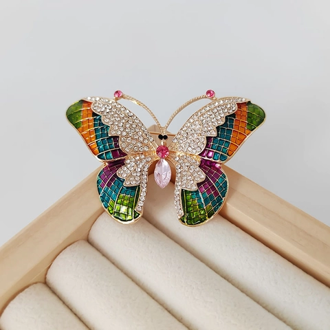 Elegante Vlinder Broche Legering Verguld Gekleurd Emaille Strass Kristal Speld Voor Dames Formeel Feest Sjaal Gesp