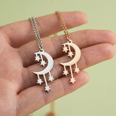 Collar Con Colgante de Luna Y Estrella de Acero Inoxidable para Mujer Cadena en O Galvanizada Joyería de Moda Celestial