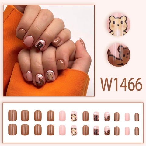 Glossy Short Square Press On Nails Maillard Brown Pink Cute Bear Cartoon Pattern Artificial Fake Nails For Women Daily Wear