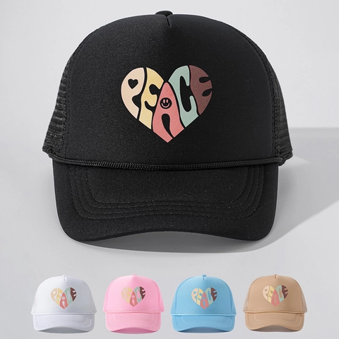 Casquette Trucker Imprimé Peace Cœur Smile Maille Casquette De Baseball Réglable Respirant Chapeau Soleil Extérieur