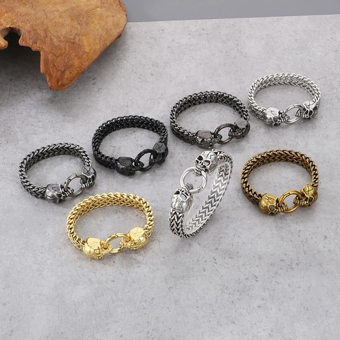 Pulsera De Acero Inoxidable Punk Gótico Con Dobles Cabezas De Calavera Y Cierre Redondo Cadena De Malla Trenzada Para Hombre
