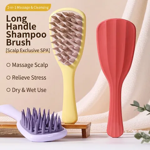 Shampoo Brush Scalp Massager Long Handle Silicone Detangling Hair Comb Ginkgo Leaf Design Dry Wet Use For Hair Care
