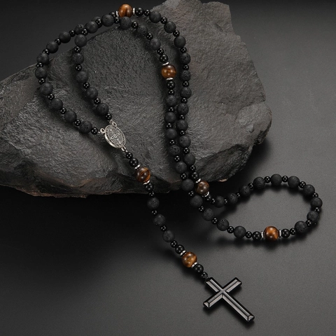 Natural Lava Stone Tiger Eye Beads Necklace Metal Cross Saint Benedict Medal Religious Vintage Men Jewelry