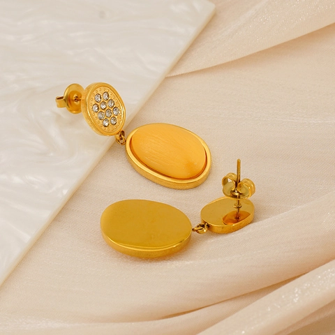 Retro Oval Ohrhänger 18K Vergoldeter Edelstahl Harz Kunststein Strass Eleganter Modeschmuck Für Damen