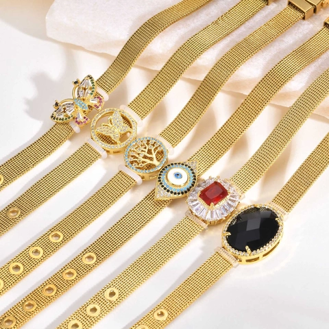 Dames Roestvrij Staal Verguld Mesh Band Armband Vlinder Levensboom Boze Oog Strass Verstelbaar Mode Sieraden
