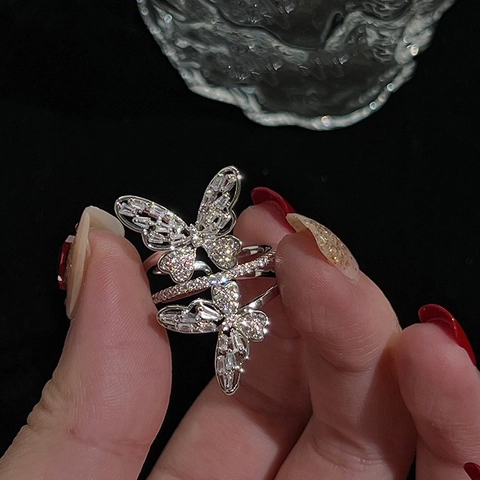 Anillo Abierto De Doble Mariposa Cobre Con Circón Color Plata Ajustable Joyería De Moda Elegante Para Mujer